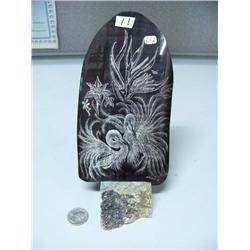 Outstanding baleen scrimshawed with birds and flowers, stock #294f, with soapstone base (2)
