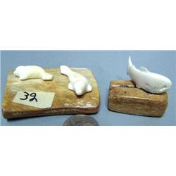 2 small ivory seals mounted on bone by Gerald Penatac and small ivory salmon mounted on bone by Gera