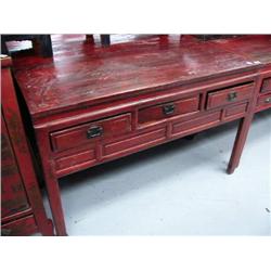 Red table with 3 drawers- 34" H, 53" W, 21" D (8888)
