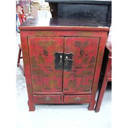 Decorated red cabinet with 2 drawers, 2 doors and 2 shelves- 42-1/2" H, 32" W, 20-1/2" D (8888)