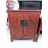 Image 1 : Decorated red cabinet with 2 drawers, 2 doors and 2 shelves- 42-1/2" H, 32" W, 20-1/2" D (8888)