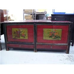 Decorated red cabinet with 4 doors, 4 shelves and 2 drawers- 34" H, 73" W, 11-1/2" D (8888)
