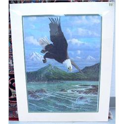 Print by Cross done in 1979, print of an eagle 24" x 18", double-matted and shrink wrapped (53)