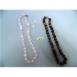 Lot of 2 beaded necklaces and 1 earring: rose quartz 20" necklace with matching earrings; tiger's ey