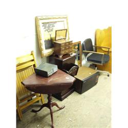 2 wood folding chairs; triangular drop leaf table; small jewelry cabinet; end table; mirror; picture