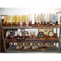 Lot of: 17 model ships; 5 nautical bookends; 12 assorted framed of nautical related items; 6 ship's 