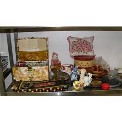 Lot of: box of assorted sewing material (i.e., threads, buttons, needles, measuring tapes, etc.); fi