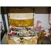 Image 2 : Lot of: box of assorted sewing material (i.e., threads, buttons, needles, measuring tapes, etc.); fi