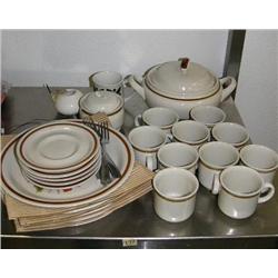 Lot of: Casserole dish with cover; 11 cups; 5 dinner plates; 5 saucers; sugar bowl; 3 spoons and 2 f