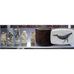 5 ivory Chinese figurines approx. length 2"- 4 sages and 1 dancer-; 1 box with lid that is ivory cap