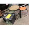 Image 1 : Group of 5 assorted small furnitures - includes 2 orange stools/2 round side tables/1 low black stoo