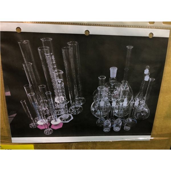 Box full of laboratory glassware - includes assorted graduated glass cylinders/round bottom flasks