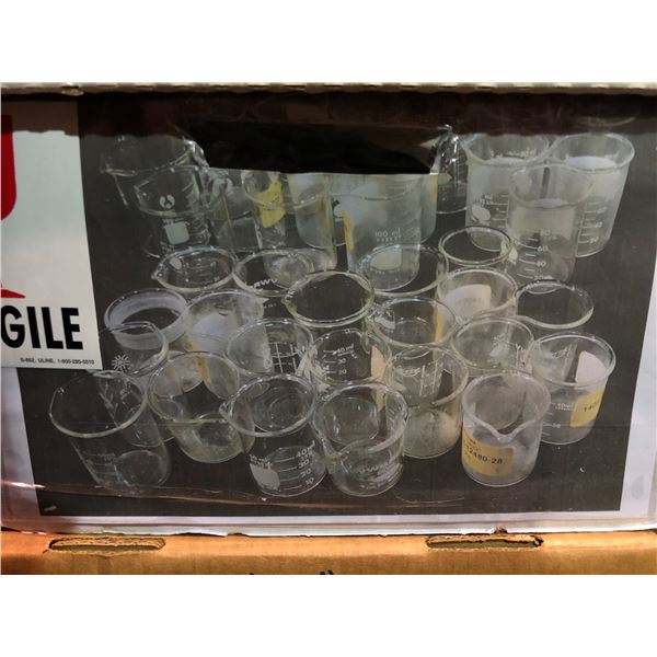 Box full of laboratory glassware - includes assorted sized graduated ...