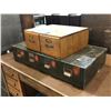 Image 2 : Group of 3 - includes 7-drawer wooden desk/table (approx 60" W x 34" L x 31" H) / vintage box & meta