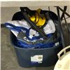 Image 1 : Bin full of pool floaties with airhead super electric pump