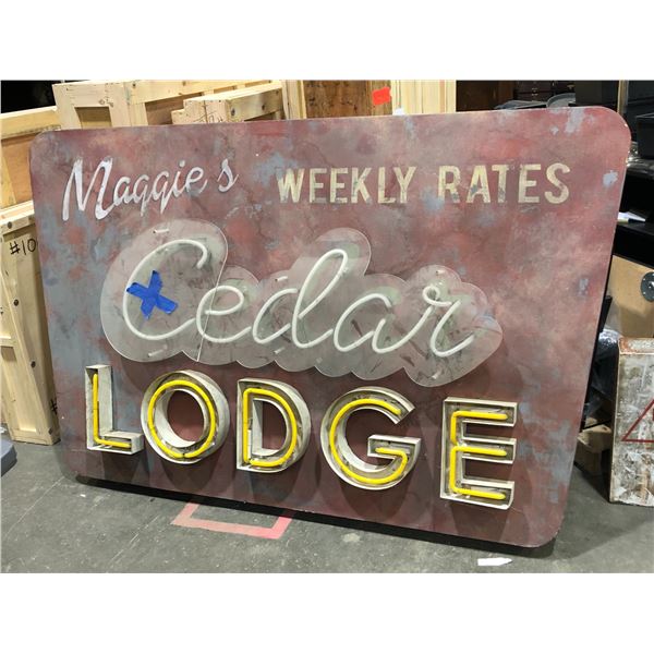 Large 'Maggie's Cedar Lodge' Neon sign - approx 80inW x 54 1/2inH x 7inD (wires needs replacing)