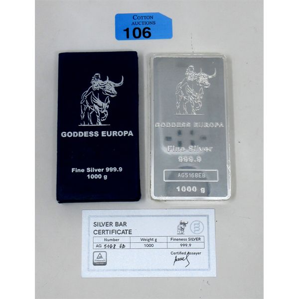 1000 Gram .9999  Silver Goddess Europa Serial Numbered Bar 
