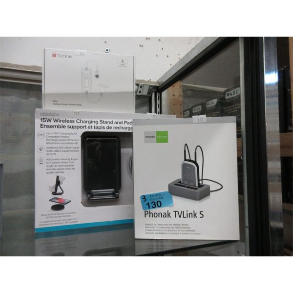 Two Ubiolabs 15 W Wireless Charging Stands; Teckin SS32 Outdoor Smart Plug; Phonak TVLinks