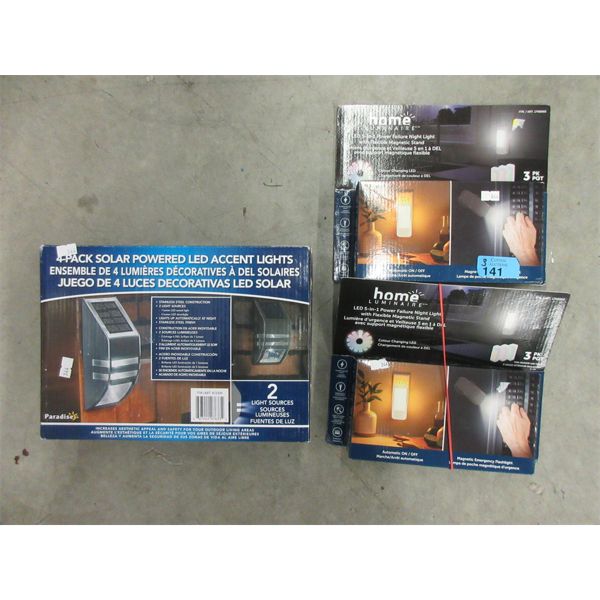 2 Home Luminaire LED Power Failure Night Lights & 1 Paradise 4-Pack of Solar LED Accent Lights