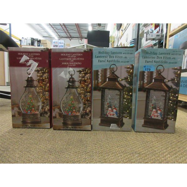 4 Holiday Lanterns w/ LED Lights & Moving Glitter - 2 designs