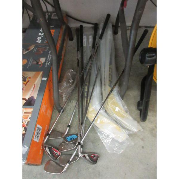 9 Assorted Golf Clubs & Mini Hockey Sticks