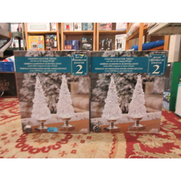 2 Sets of Two Lighted Glitter Trees