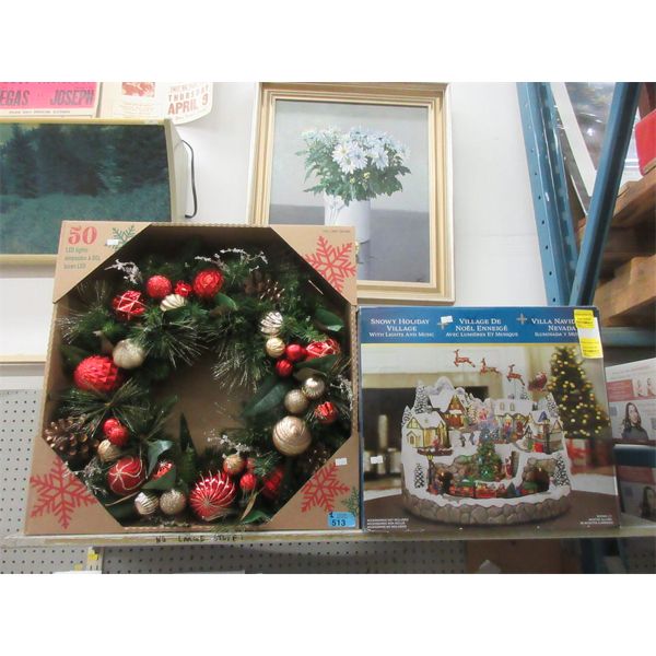 30" LED Illuminated Christmas Wreath and Snowy Holiday Village 