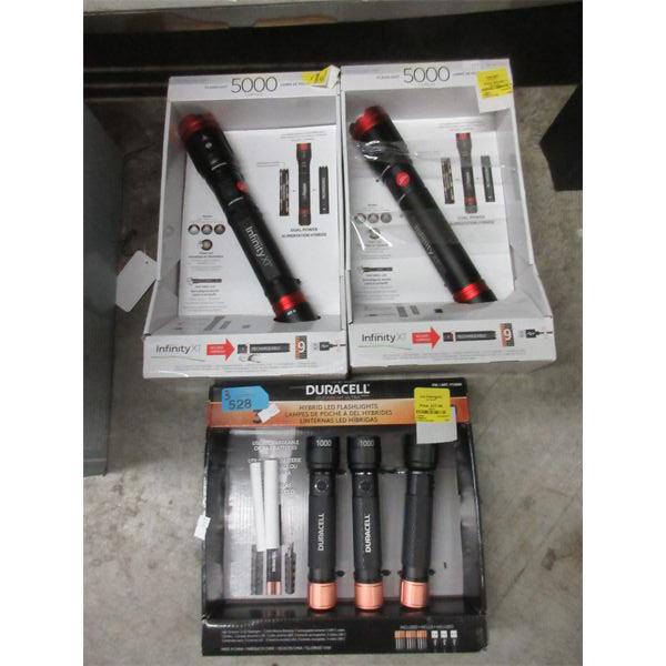 2 Infinity X1 5000 Lumens Flashlights & Set of 3 Duracell Hybrid Flashlights 