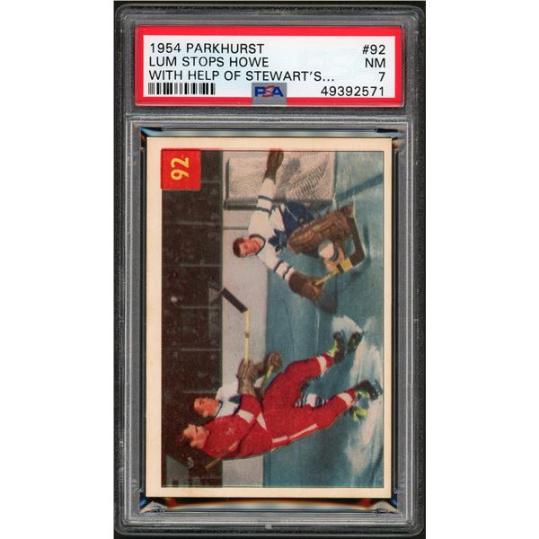 1954-55 Parkhurst #93 Lum Stops Howe (PSA 7)