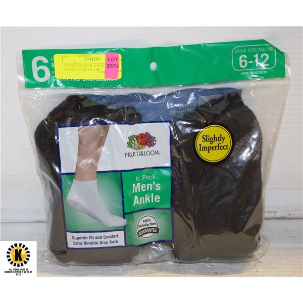 ANKLE SOCKS BLACK 6-12 SIZE 6-PACK FRUIT OF THE