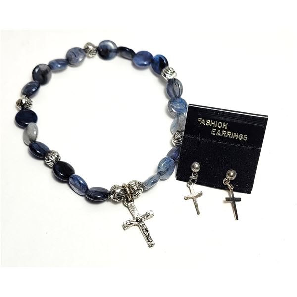 13)  SILVER TONE WITH BLUE STONES AND CROSS ACCENT