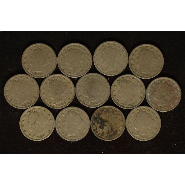 13-LIBERTY  V  NICKELS 1900-1912 ALL DIFFERENT