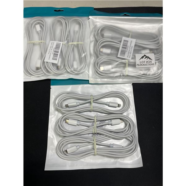 Lot of 3 Multi-Packs of iPhone Fast-Charging Cables (Lightning to USB-C) - 3 per pack/9 total