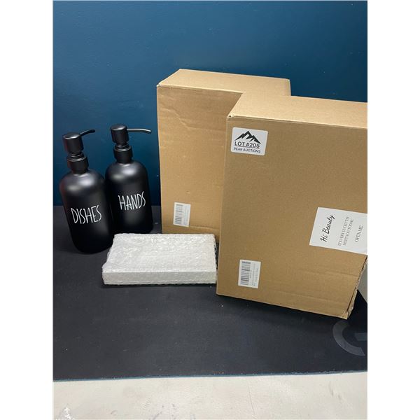 Lot of 2 Black Glass Soap Dispenser Sets