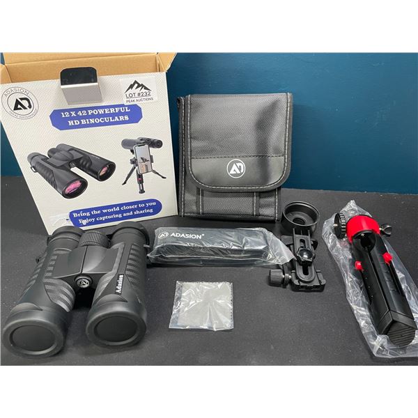 Lot of 1 Pair of Adasion 12x42 Powerful HD Binoculars w/ Tripod Stand & Case