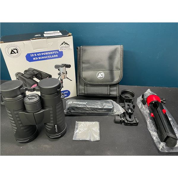 Lot of 1 Pair of Adasion 12x42 Powerful HD Binoculars w/ Tripod Stand & Case