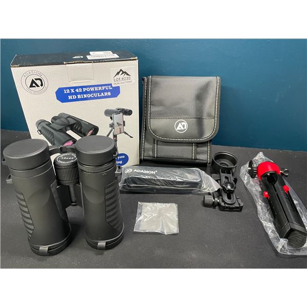 Lot of 1 Pair of Adasion 12x42 Powerful HD Binoculars w/ Tripod Stand & Case