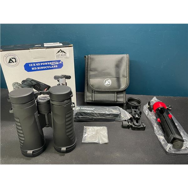 Lot of 1 Pair of Adasion 12x42 Powerful HD Binoculars w/ Tripod Stand & Case