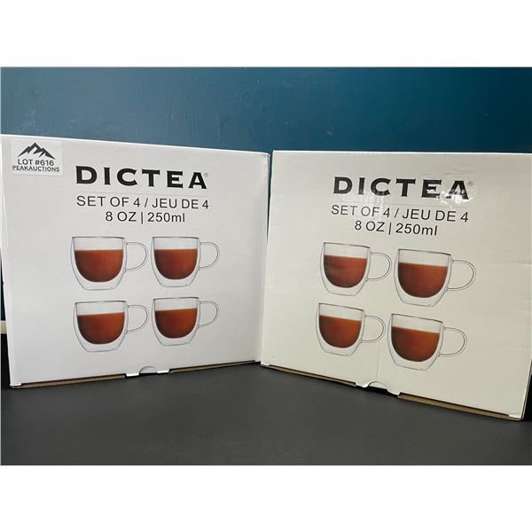 Lot of 2 Boxes of Dictea Double-Wall Glass Coffee Mugs - 4PCS each/8 Total