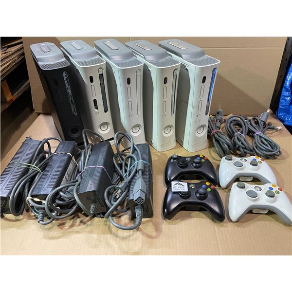 Lot of 5 Xbox 360 Consoles with Cords & Controllers - Used