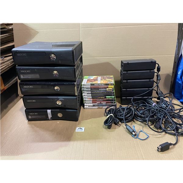 Lot of 5 Xbox 360 Consoles with Games, Cords, & Controllers - Used