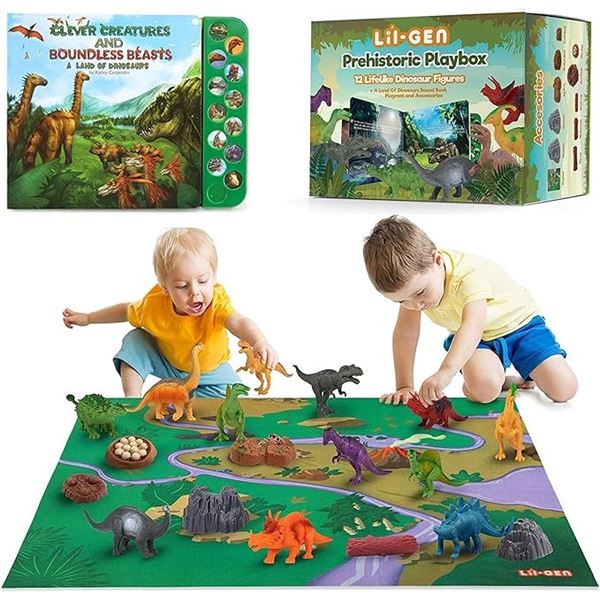 Lot of 1 Lil-Gen Prehistoric Playbox Toy Set - Includes 12 Dinosaur Figures, Sound Book & Playmat!