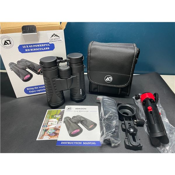 Lot of 1 Pair of Adasion 12x42 Powerful HD Binoculars w/ Tripod Stand & Case