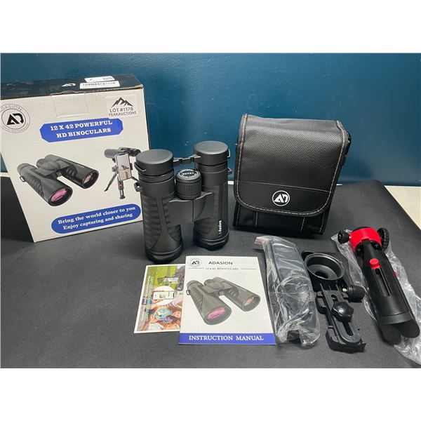 Lot of 1 Pair of Adasion 12x42 Powerful HD Binoculars w/ Tripod Stand & Case
