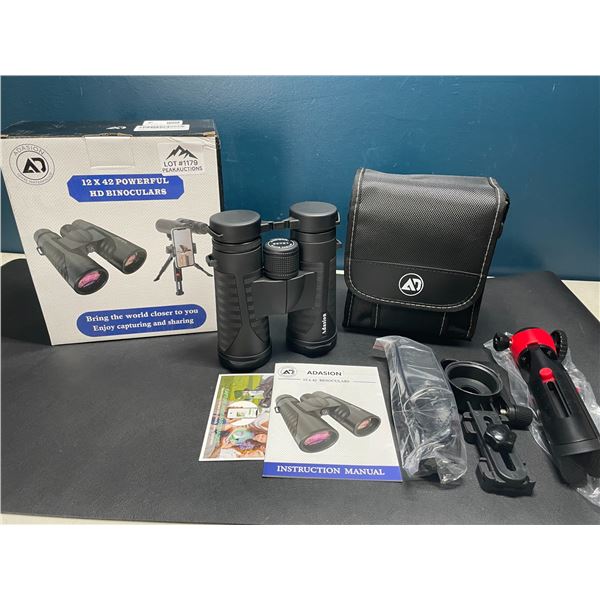 Lot of 1 Pair of Adasion 12x42 Powerful HD Binoculars w/ Tripod Stand & Case