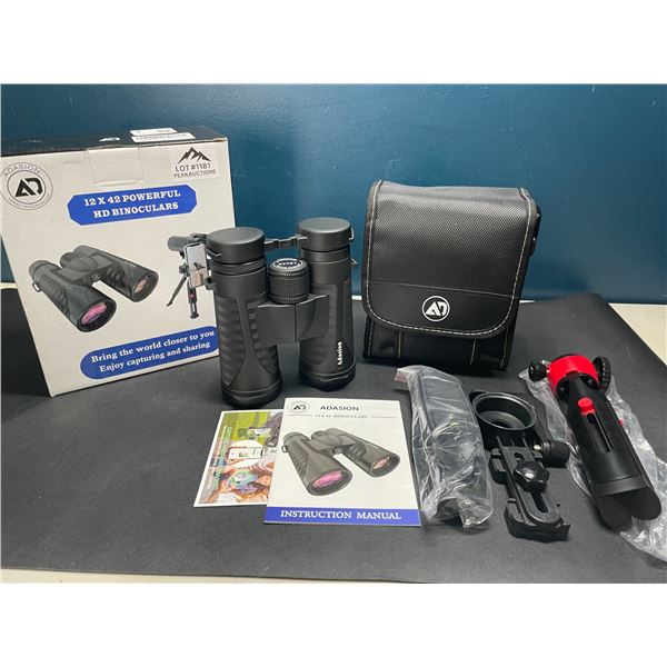 Lot of 1 Pair of Adasion 12x42 Powerful HD Binoculars w/ Tripod Stand & Case