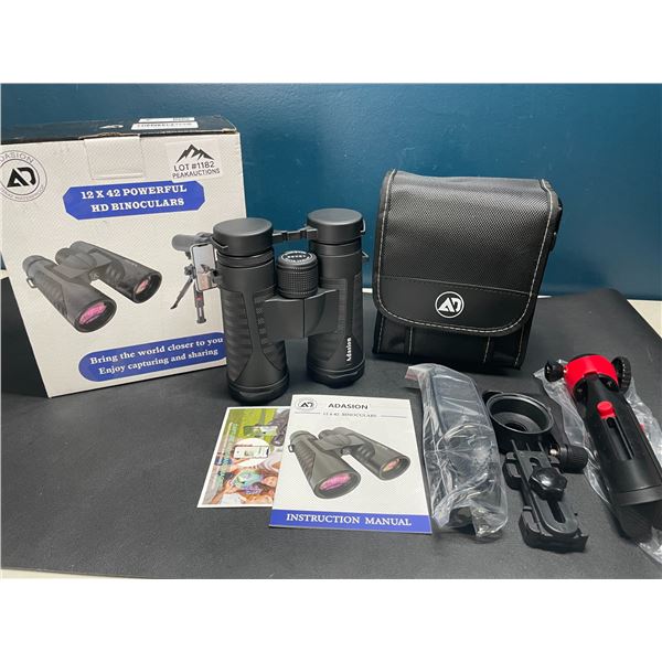 Lot of 1 Pair of Adasion 12x42 Powerful HD Binoculars w/ Tripod Stand & Case