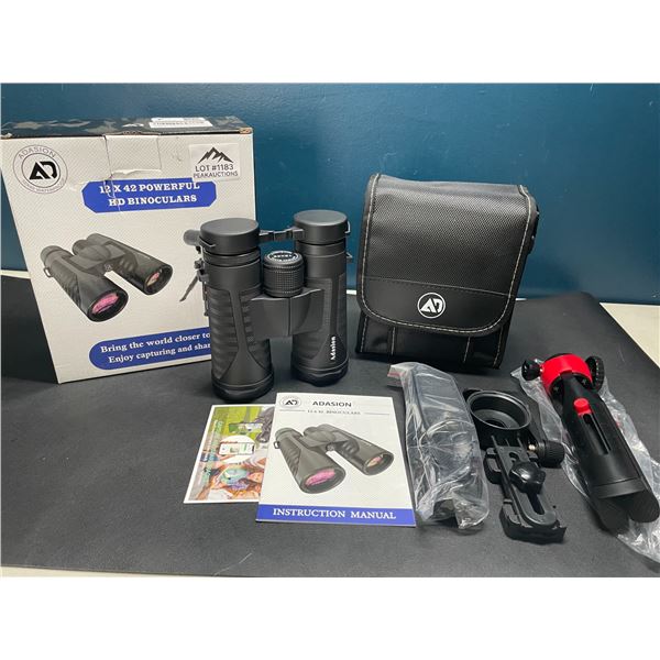 Lot of 1 Pair of Adasion 12x42 Powerful HD Binoculars w/ Tripod Stand & Case