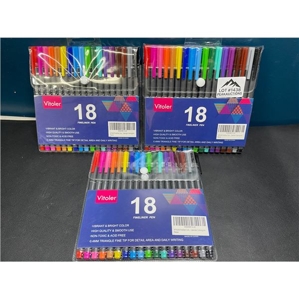 Lot of 3 Multi-Packs of Vitoler Fineliner Pens - 18 Colors Per Pack