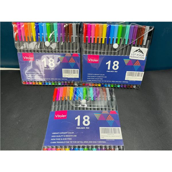 Lot of 3 Multi-Packs of Vitoler Fineliner Pens - 18 Colors Per Pack